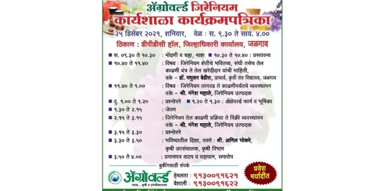 जिरेनियम शेती करायची आहे.. पण जिरेनियमचे तेल काढणारी यंत्र, तेल खरेदीदार मिळतील का..?? ही भिती सतावतेय..?? तर काळजी करू नका… अॅग्रोवर्ल्ड आयोजीत जळगावातील 25 डिसेंबर (शनिवारी) च्या कार्यशाळेत आपली ही शंकाच नाही तर भितीही दूर होईल.. मर्यादित प्रवेश..