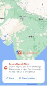 आयएमडीच्या हवाल्याने गुगल मॅपवर गुजरात आणि महाराष्ट्र किनारपट्टी क्षेत्रात मुसळधार पावसाचा इशारा 