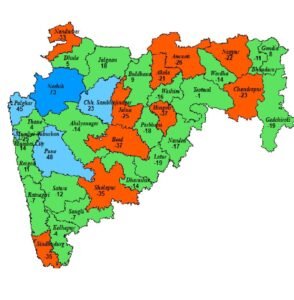 * यंदाच्या मान्सून हंगामात 13 ऑगस्ट अखेर झालेल्या राज्यातील एकूण पावसाची स्थिती. (लाल रंगाच्या भागात पावसाची मोठी तूट आहे, तर हिरव्या रंगाच्या भागात समाधानकारक पावसाची नोंद झाली आहे. निळ्या भागात सरासरीहून अधिक पाऊस झाला आहे.)